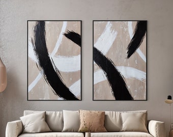 Abstract Beige Black Painting, Minimalist Acrylic Painting on Canvas, Modern Wall Art, Neutral Wall Decor, Textured Wall Art, Set of 2