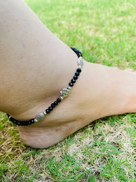 Oxidized Silver Black Beads Adjustable Anklets for Women Dainty