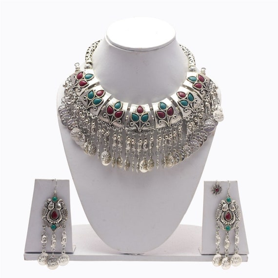 Details about   Indian Culture Antique Oxidised Red Stone Silver Plated Jewellery Necklace 