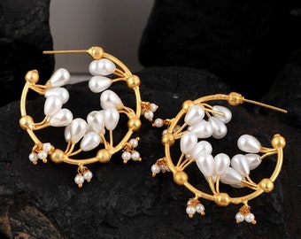 Circle Shape Vintage Pearl Earrings | Gold Plated Bali Earrings | Gemstone Earrings | Indian Wedding Earring | Statement Earrings | Bohemian