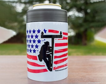 American Flag Lineman Beer Can Sleeve, Journeyman Lineman, Lineman Gift, Linewife, Lineman Travel Mug, Lineman Coffee Mug, Lineman Hat