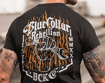 Blue Collar Rebellion T-Shirt, Langarmshirt und Kapuze || Lineman, Schweißer, Elektriker, Klempner, PI-Geschenk, Händler