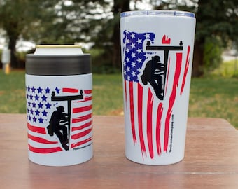 American Lineman Mug, Journeyman Lineman Beer Holder, Lineman Gift, Linewife, Lineman Travel Mug, Lineman Coffee Mug, Lineman Shirt,cozie