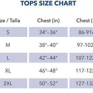 Pode incluir: Tabela de tamanhos para tops com medidas em polegadas e cent&iacute;metros. A tabela mostra os tamanhos S, M, L, XL e 2XL com as medidas de peito correspondentes.