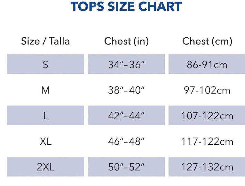 Pode incluir: Tabela de tamanhos para tops com medidas em polegadas e cent&iacute;metros. A tabela mostra os tamanhos S, M, L, XL e 2XL com as medidas de peito correspondentes.