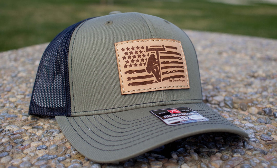 Lineman, American Flag, Leather Patch Hat, Journeyman Lineman Hat, Lineman Gift, Linewife