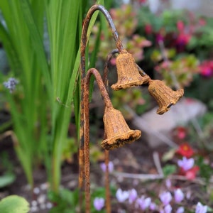 PAIR OF RUSTY METAL GARDEN BLUEBELL FLOWER SPRAY SCULPTURES PLANT STAKE ORNAMENTS