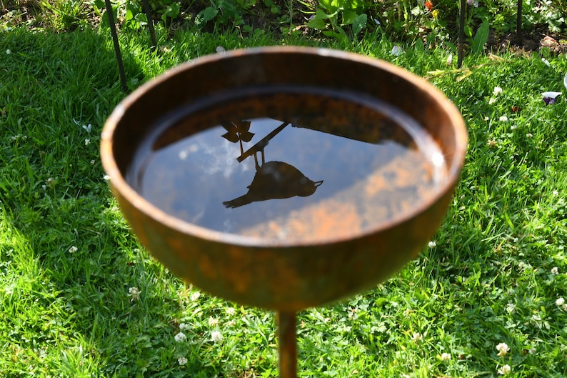 May include: A rusty brown metal bird bath with a bird silhouette reflected in the water. The bird bath is on a metal stand and surrounded by green grass.