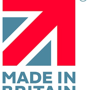 May include: A red and white arrow pointing upwards with a blue and white Union Jack design. The text "MADE IN BRITAIN" is below the arrow in blue.