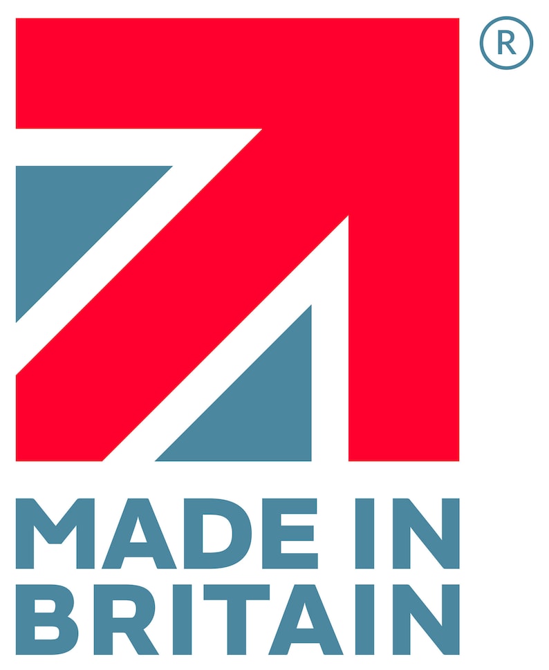 May include: A red and white arrow pointing upwards with a blue and white Union Jack design. The text "MADE IN BRITAIN" is below the arrow in blue.