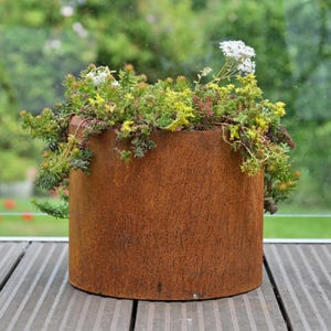 May include: A cylindrical, weathered planter made of rusty metal. The planter is filled with a variety of green and yellow plants, with a few white flowers. The planter sits on a wooden deck.