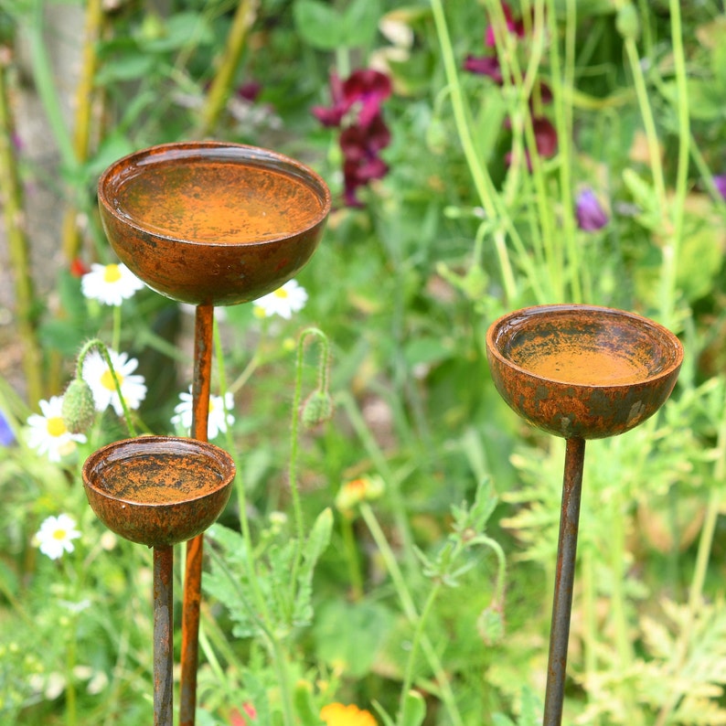 May include: Three rusty metal bird feeders with rounded bowls on tall metal stems. The feeders are in a garden setting with green foliage and flowers.