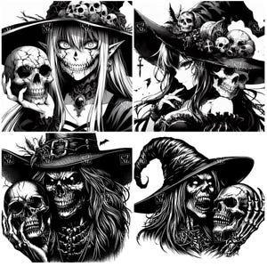 May include: Four black and white illustrations of women wearing witch hats and holding skulls. The women have long, flowing hair and are dressed in dark clothing. The skulls are detailed and have a spooky look.