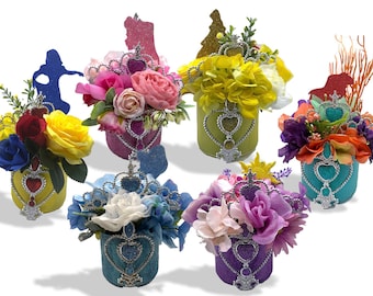 Disney Princess Floral Arrangement | Disney Decor | Glitter Cinderella Rapunzel | Handmade Gift  | Centerpiece Party Decor | Girl Decor