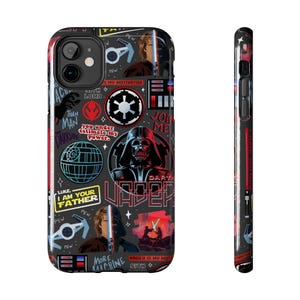 May include: A black phone case with a Star Wars design. The case features images of Darth Vader, Luke Skywalker, the Death Star, and quotes from the films. The case has a glossy finish and a protective bumper.