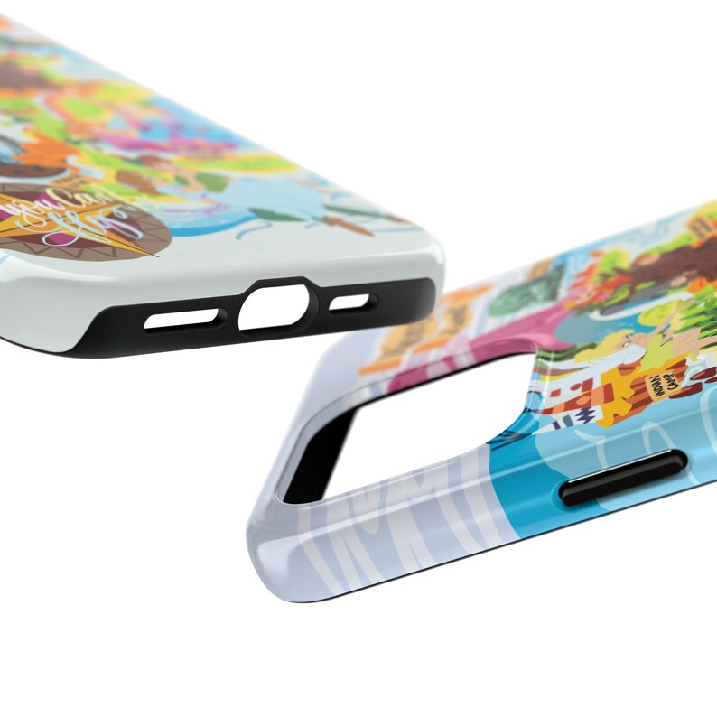 May include: Two phone cases with a colorful cartoon design. The cases are black and white with a blue and white wave pattern on the bottom.