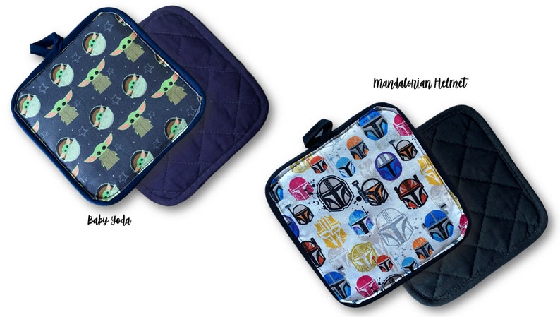 May include: Two square pot holders. One features a pattern of Baby Yoda with stars on a navy background. The other has a navy quilted design. The second set has a Mandalorian helmet pattern on a white background and a black quilted design.