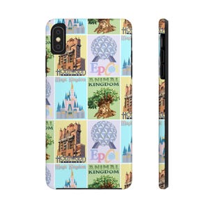 May include: A colorful phone case with a collage of different Disney World park icons, including Cinderella's Castle, Spaceship Earth, and the Tree of Life. The case features the names of the parks: Magic Kingdom, Epcot, Hollywood Studios, and Animal Kingdom.