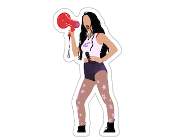May include: A sticker featuring a cartoon illustration of a person with long black hair holding a red megaphone. The person is wearing a white tank top with the text "Just a Girl" in purple letters, blue shorts, and pink star patterned tights.