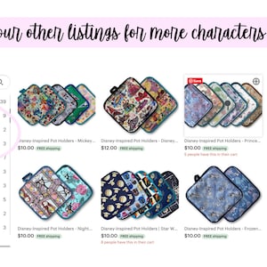 May include: Etsy listing showcasing various Disney-themed pot holders. The image displays a selection of colorful, square pot holders with different character designs. The listing also includes Harry Potter and sports-themed pot holders.
