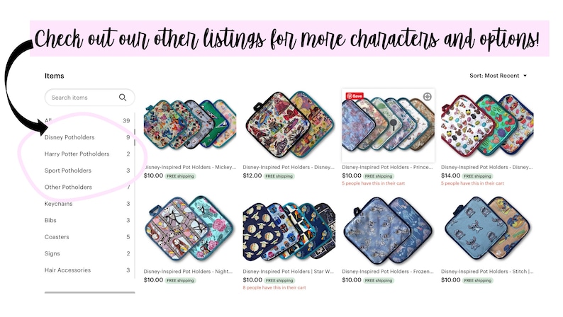 May include: Etsy listing showcasing various Disney-themed pot holders. The image displays a selection of colorful, square pot holders with different character designs. The listing also includes Harry Potter and sports-themed pot holders.