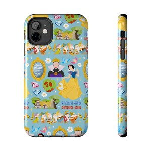 May include: A light blue phone case featuring a repeating pattern of Snow White characters and elements. The design includes Snow White, the Evil Queen, the seven dwarfs, and the phrase "Mirror Mirror on the Wall".