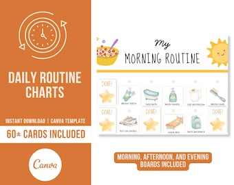 May include: A printable daily routine chart featuring "My Morning Routine" with illustrations for tasks such as brushing teeth and making the bed. Includes a sun graphic and the text "Morning, Afternoon, and Evening Boards Included."