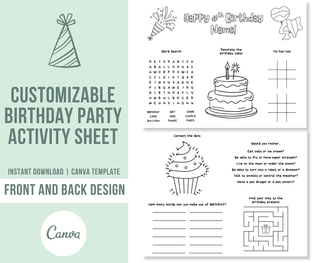 Editable Birthday Activity Placemat for Kids | Printable Party Games ...