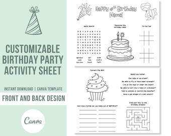 Editable Birthday Activity Placemat for Kids | Printable Party Games Sheet | Printable Kids Birthday Party Game | Kids Bday Game Template