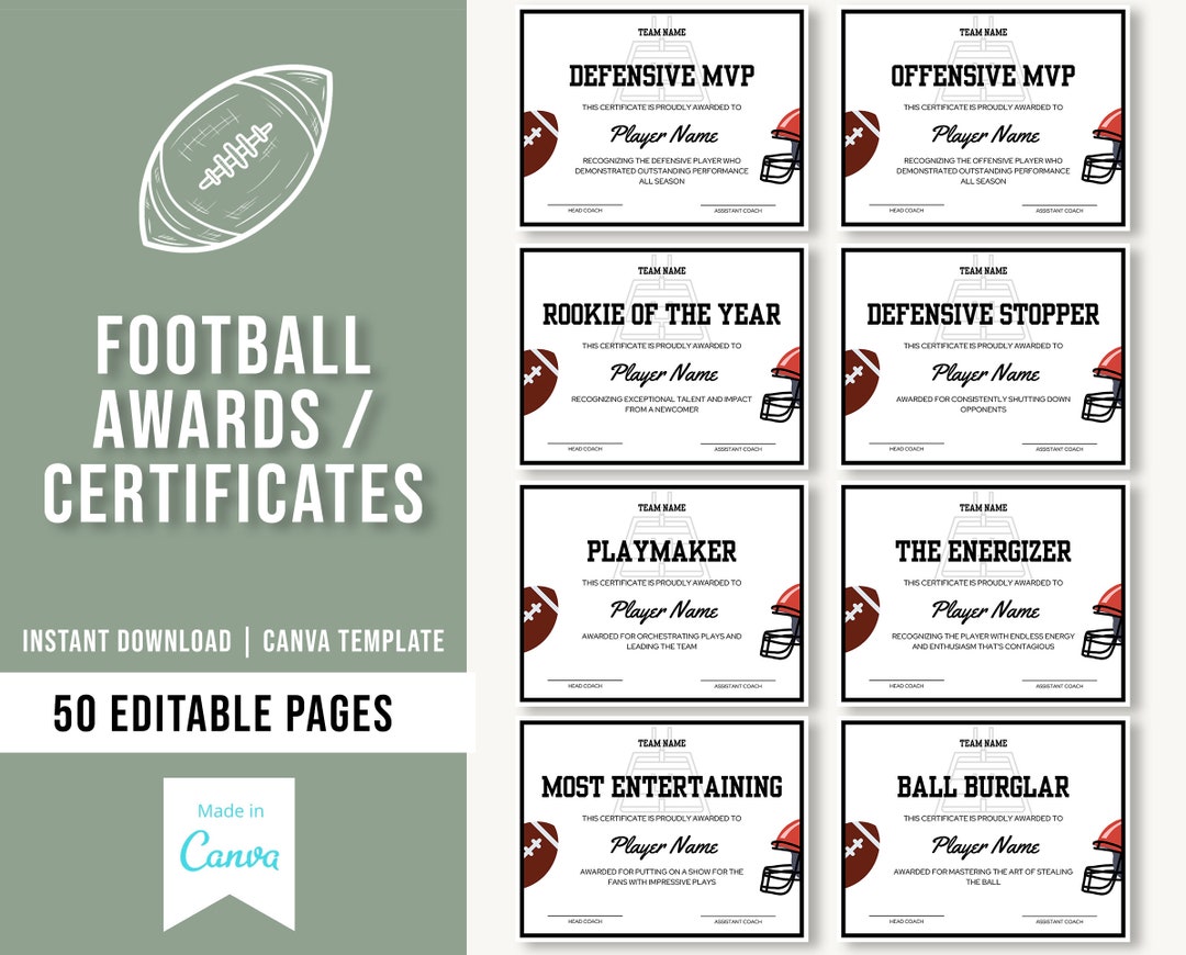 Editable Football Award Certificates Football Team Awards End of