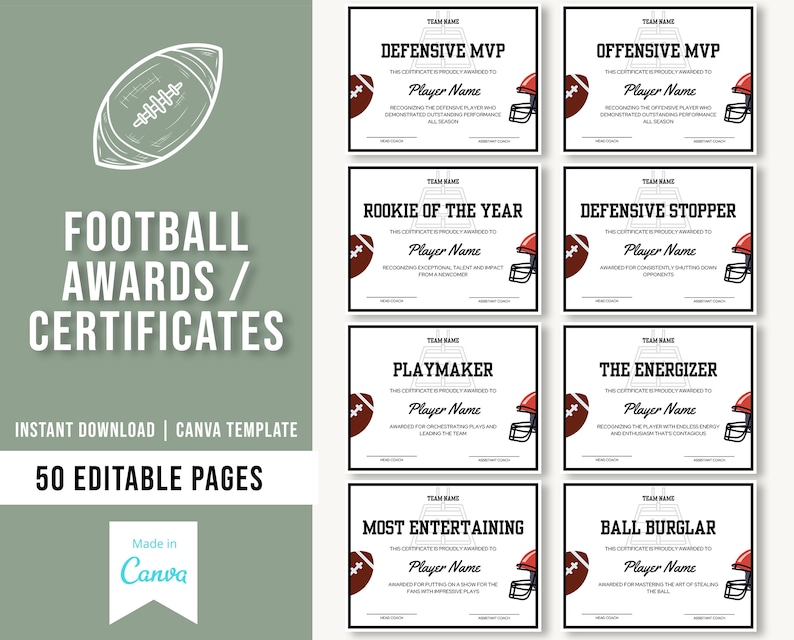 Editable Football Award Certificates | Football Team Awards | End of ...