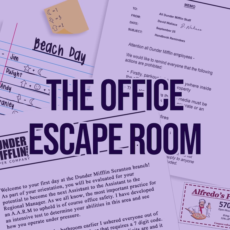 May include: A purple background with the text "The Office Escape Room" in black and white. The text "Welcome to your first day at the Dunder Mifflin Scranton branch!" is also visible.