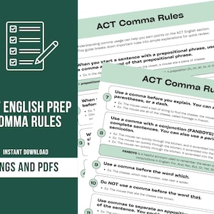 May include: A digital study guide titled ACT English Prep Comma Rules, featuring a dark green sidebar with a checklist icon and white text. The document includes numbered lists of grammar rules with examples, presented on light green and white pages.