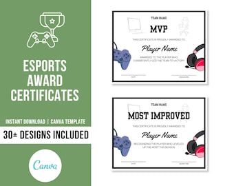 Certificats modifiables de récompense Esports | Récompenses d'équipe d'esports | Prix du jeu vidéo | Téléchargement numérique imprimable Esports | Certificats d'équipe d'esports