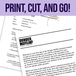 May include: A memo from David Wallace, dated September 25, to all Dunder Mifflin staff, titled "Handbook Reminders". The memo includes a welcome message for new employees at the Dunder Mifflin Scranton branch, and details an orientation process that includes a test to determine office safety skills.