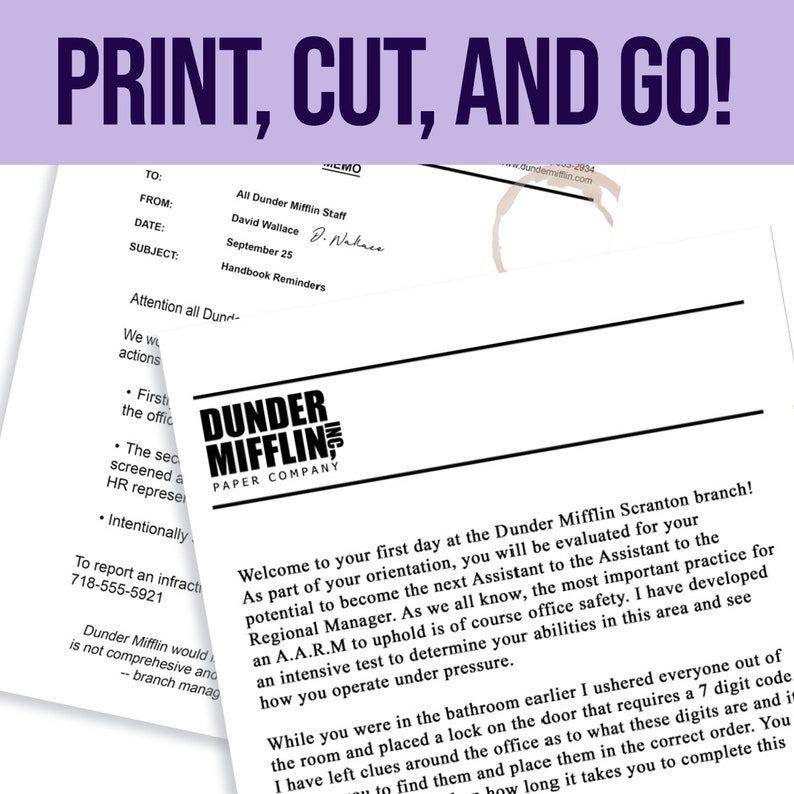 May include: A memo from David Wallace, dated September 25, to all Dunder Mifflin staff, titled "Handbook Reminders". The memo includes a welcome message for new employees at the Dunder Mifflin Scranton branch, and details an orientation process that includes a test to determine office safety skills.
