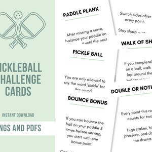 May include: Pickleball Challenge Cards featuring a paddle and ball graphic. The cards detail game challenges such as Paddle Plank, Pickle Ball, Bounce Bonus, Walk of Shame, and Double or Nothing. Available as an instant download in PNGs and PDFs.