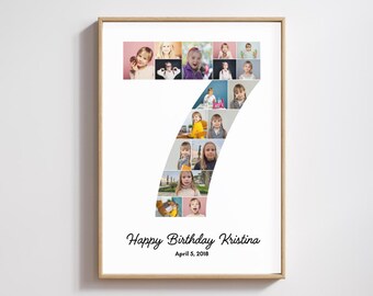 Puede incluir: Un collage de fotos blanco en un marco de madera, con un número 7 hecho de fotos de un niño. El texto "Happy Birthday Kristina" y "April 5, 2018" está debajo del collage.