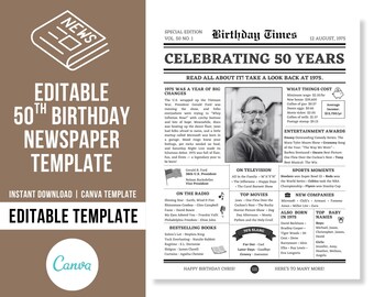 50th Birthday Newspaper Poster Template | 50th Birthday Gift for Him or Her | 50th Birthday Decorations | 1975 Poster | 50th Bday Template