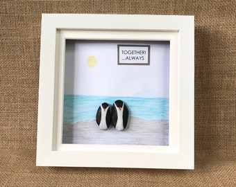 Penguin Pebble Art Picture, Handmade Beautiful Framed Art - Penguins Together Always! Custom Made Pebble Pictures Available