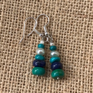 Turquoise and Lapis Lazuli Earrings Freshwater Pearl Earrings Handmade Earrings Sterling Silver Custom image 1