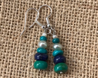 Turquoise and Lapis Lazuli Earrings - Freshwater Pearl Earrings - Handmade Earrings - Sterling Silver Custom