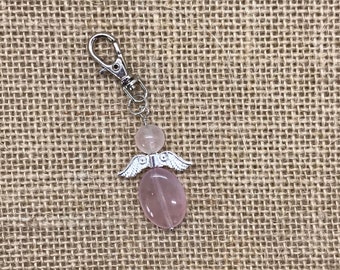 Rose Quartz Angel, Pink Rose Quartz Birthstone, Rose Quartz Keepsake Keyring, Semi Precious Stone, Rose Quartz Gemstone GIft Present