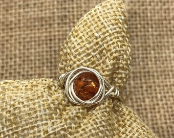Amber Ring - Sterling Silver Custom Ring - Handmade Birthstone Ring - Amber Wire Wrapped Ring - Amber