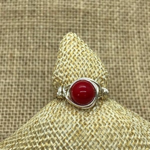Coral Ring - Wire Wrapped Ring - Handmade Birthstone Ring - Sterling Silver Custom Ring - Red Coral Ring - Coral Wire Wrapped Ring