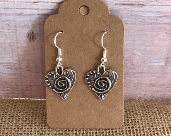 Silver Heart Earrings - Antique Silver Earrings - 925 Silver Earrings