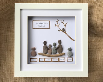 Custom Family Pebble Art Picture - Personalised Stone Portrait - Mixed Media Unique Keepsake