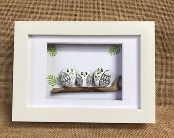 Owl Pebble Picture, Handmade Beautiful Framed Art, Three Owls, Custom Pebble Pictures Available, Gift Present