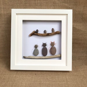 Three Cats, Three Birds Pebble Picture, Pebble Art, pebble art cat picture, pebble picture, birthday gift, cat lover, personalised gift.