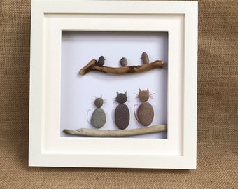 Three Cats, Three Birds Pebble Picture, Pebble Art, pebble art cat picture, pebble picture, birthday gift, cat lover, personalised gift.